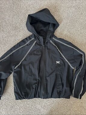 Zara Girls Black Hooded Windbreaker Jacket with Bow White Trim